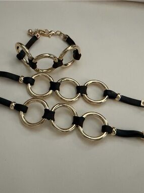 3- Bracelets Gold Link Bracelet with Black Band - Women’s Fashion Bracelet